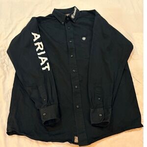 Ariat Mens Long Sleeve Button Down Shirt Black Embroidered Logo Western Large